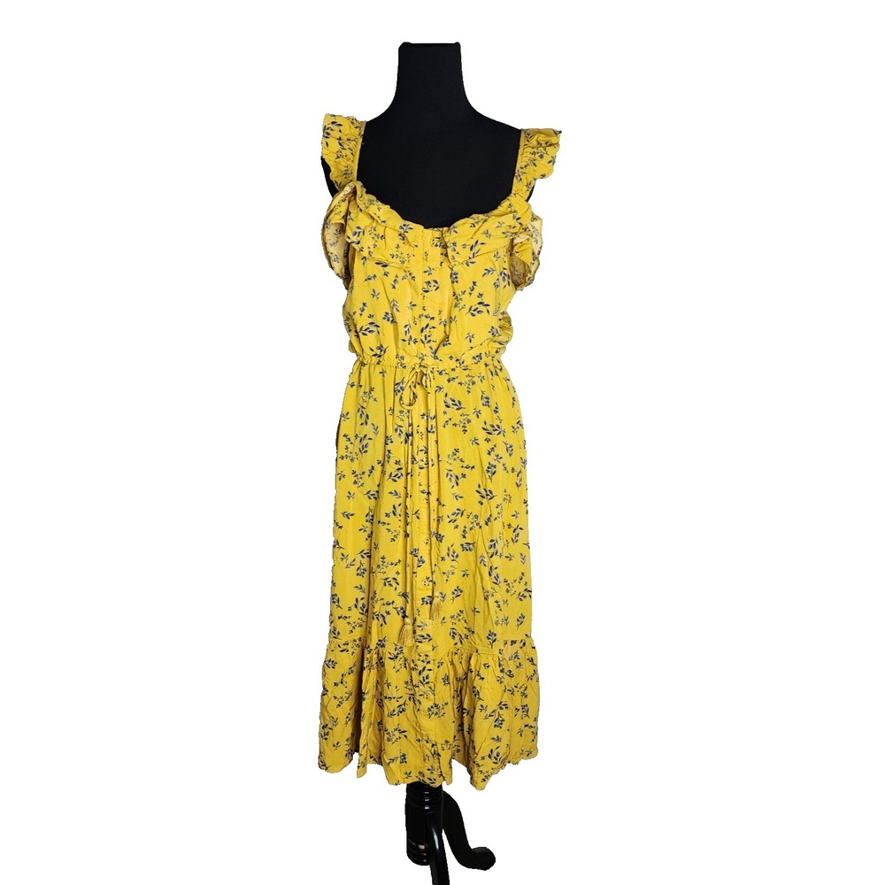 Women's Sundress Yellow Micro Floral XL Cottage Core Boho Ruffle Fairy